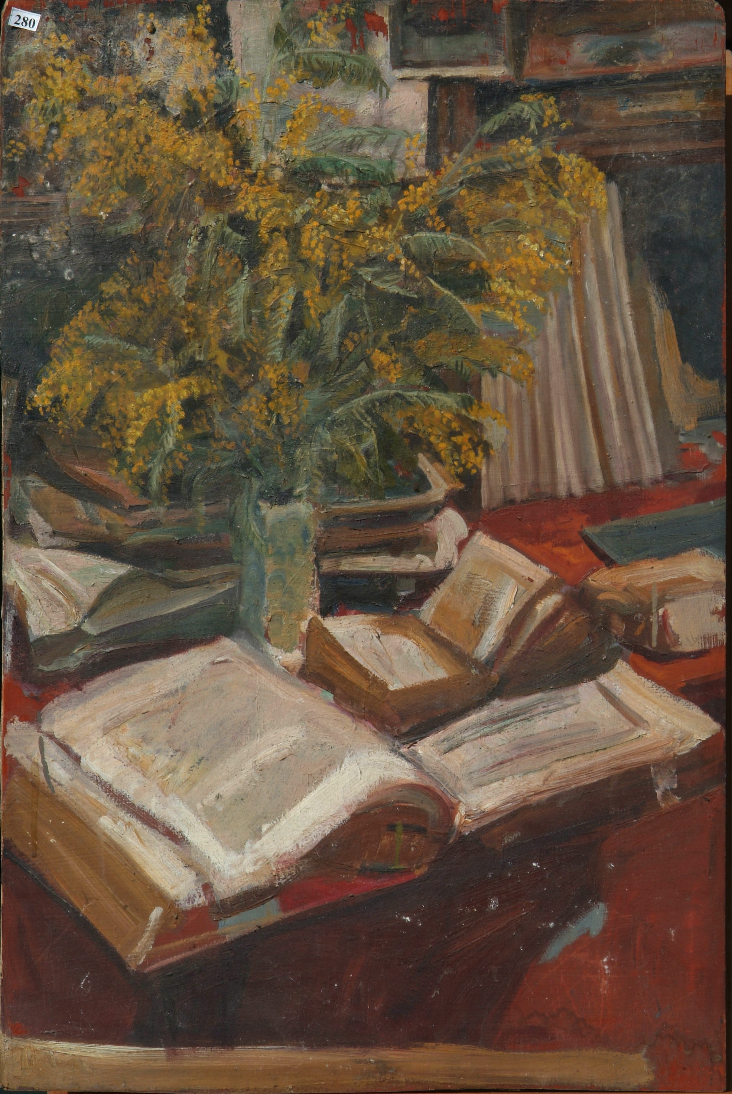 Mimose e libri, olio su tela, cm 60 x 70, anni ’30