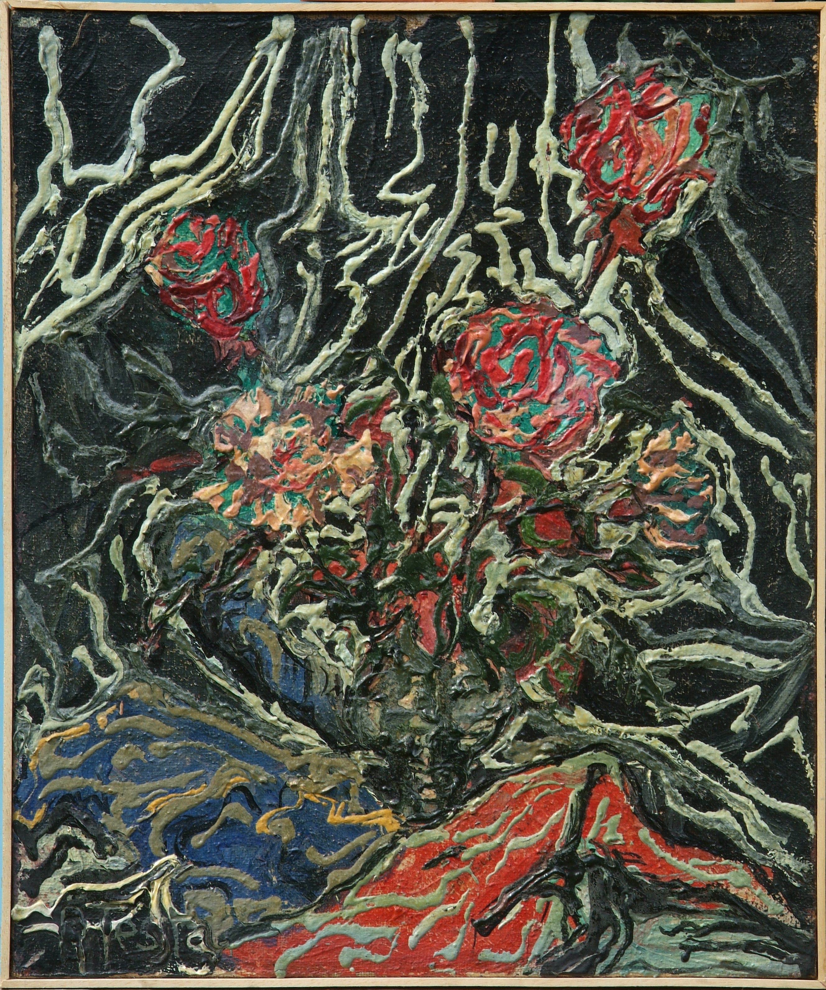 Rose rosse complementari, olio su tela, cm 50 x 60, anni ’80